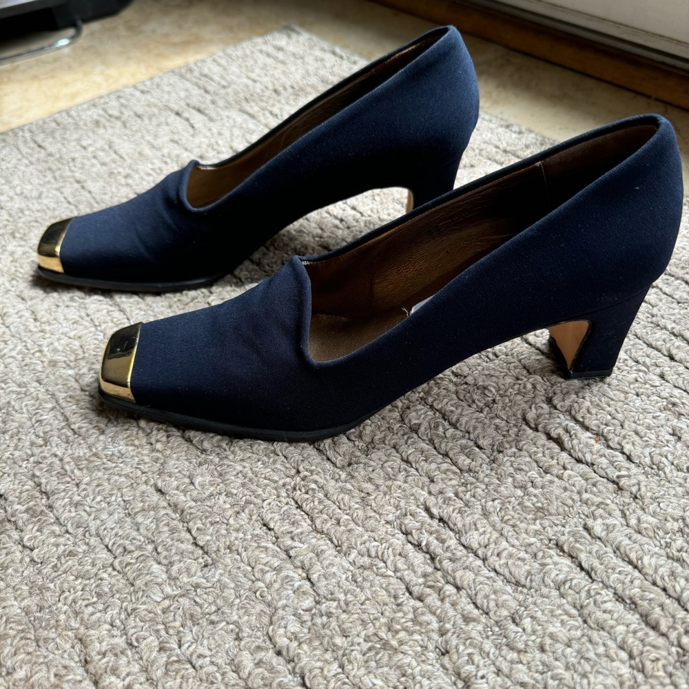 Navy Block Heel with Gold Toe